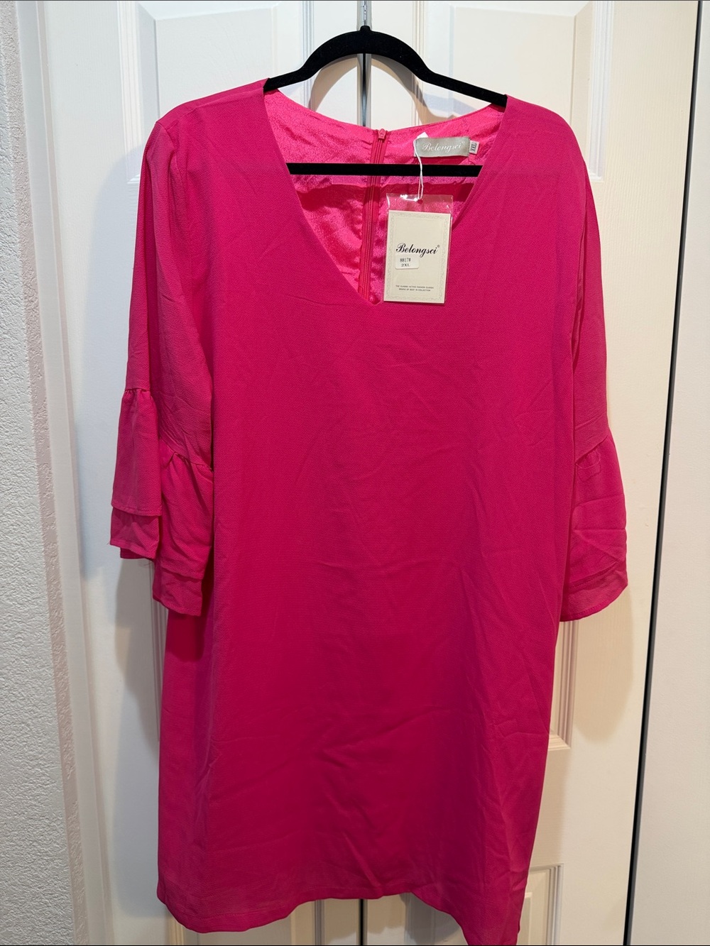 Belongsci Hot Pink V-Neck Shift Dress
